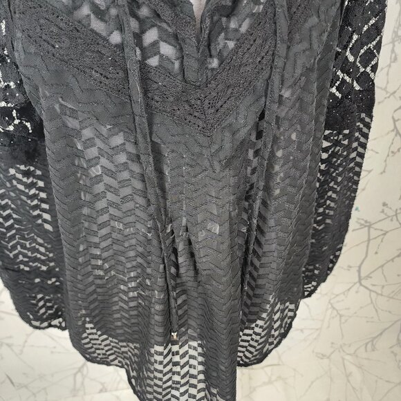 Nine West Black Sheer Jacquard Puff Sleeve Peasant Top - Picture 2 of 6